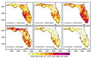 Maps of how skillful seasonal outlooks using wet season onset are at forecasting rainy season in Florida