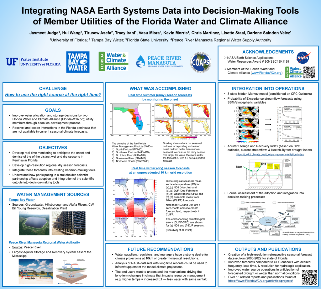 Image of poster summarizing results of NASA-funded project: Integrating NASA Earth Systems Data into Decision-Making Tools of Member Utilities of the Florida Water and Climate Alliance. 